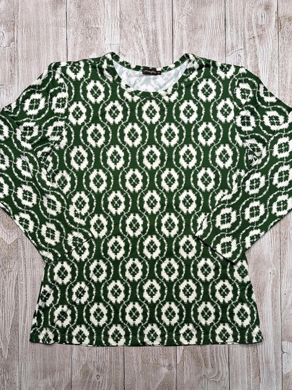 J.McLaughlin Geometric 3/4 Sleeve Top in Green & White Size Medium
